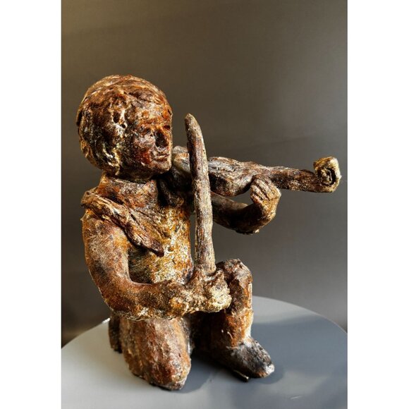 Hand Sculpted Terracotta Violinist With Snake Rustic Folk Art Figure 10 Inch - Picture 7 of 10